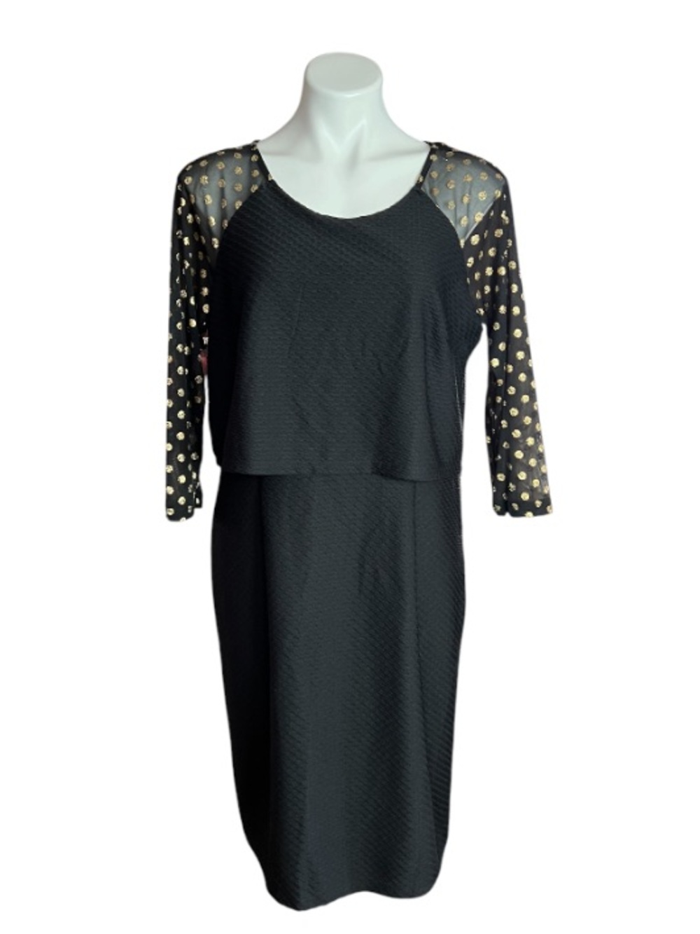 NY Collection Black Sheath Dress Gold Polka Dot Mesh Sleeve L NWT Chic Soft Goth